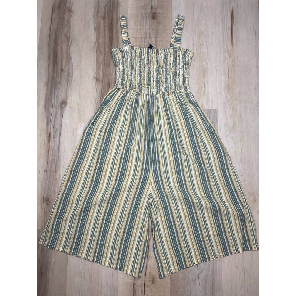 House of Fett Core Striped Smocked Wide Leg Jumpsuit Green‎ Yellow XS
